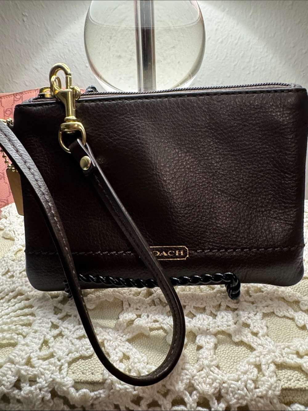 Coach Campbell Dark Brown Leather Wristlet with Gold Hardware